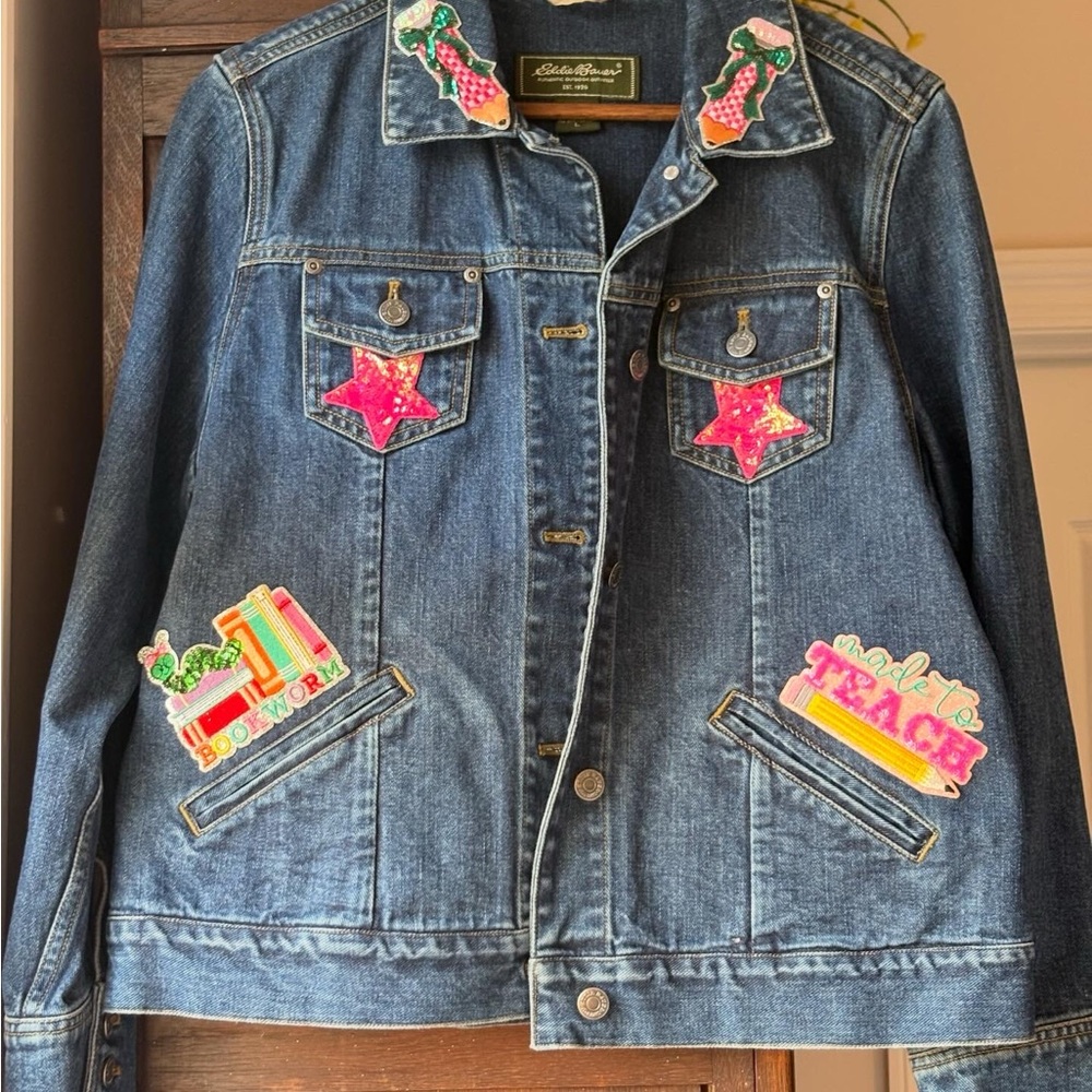 Up-Cycled Blue Denim Jacket with Vibrant Patches